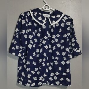 Josephine Vintage Navy Floral Blouse with White Trim